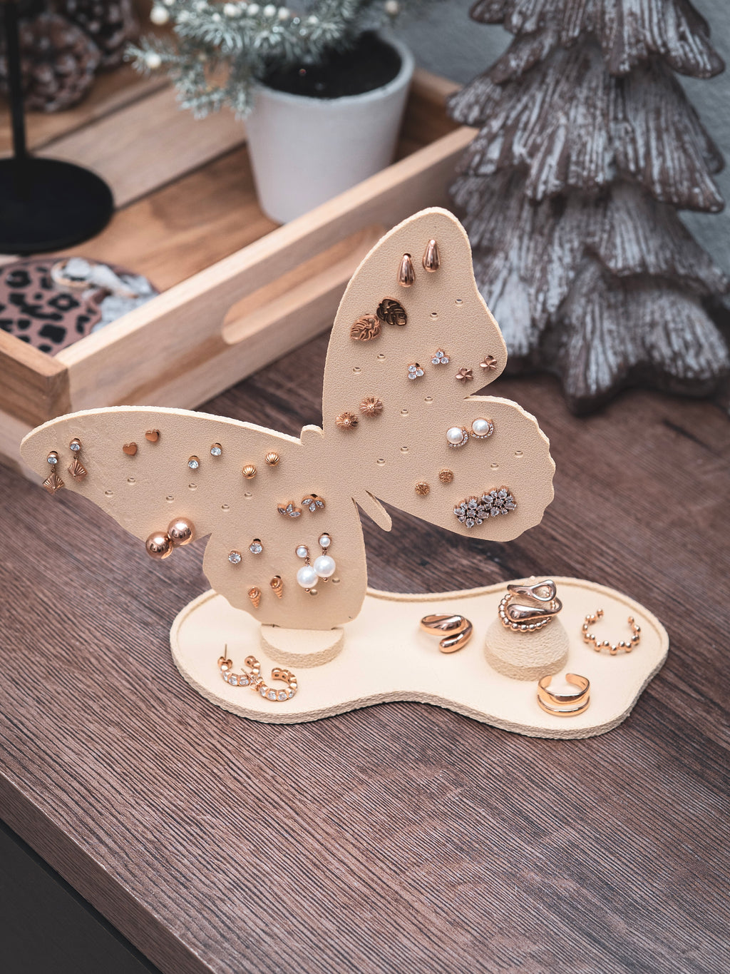 Schmuckständer Schmetterling für Ohrstecker mit Ablage und Ringhalter