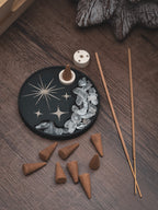 Räucherwerkhalter Set Sterne | 10 cm - schwarz iridiumgold mit Bergkristallen und Räucherkegeln | für Kegel & Stäbchen