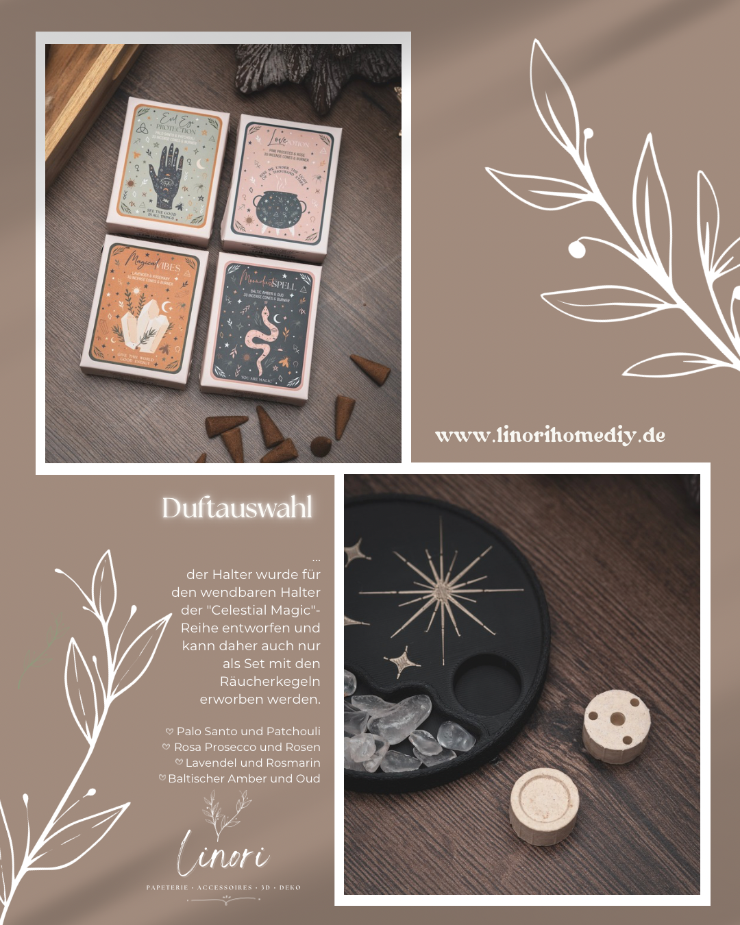 Räucherwerkhalter Set Leo | 10 cm - hellbraun schwarz mit Bergkristallen und Räucherkegeln | für Kegel & Stäbchen