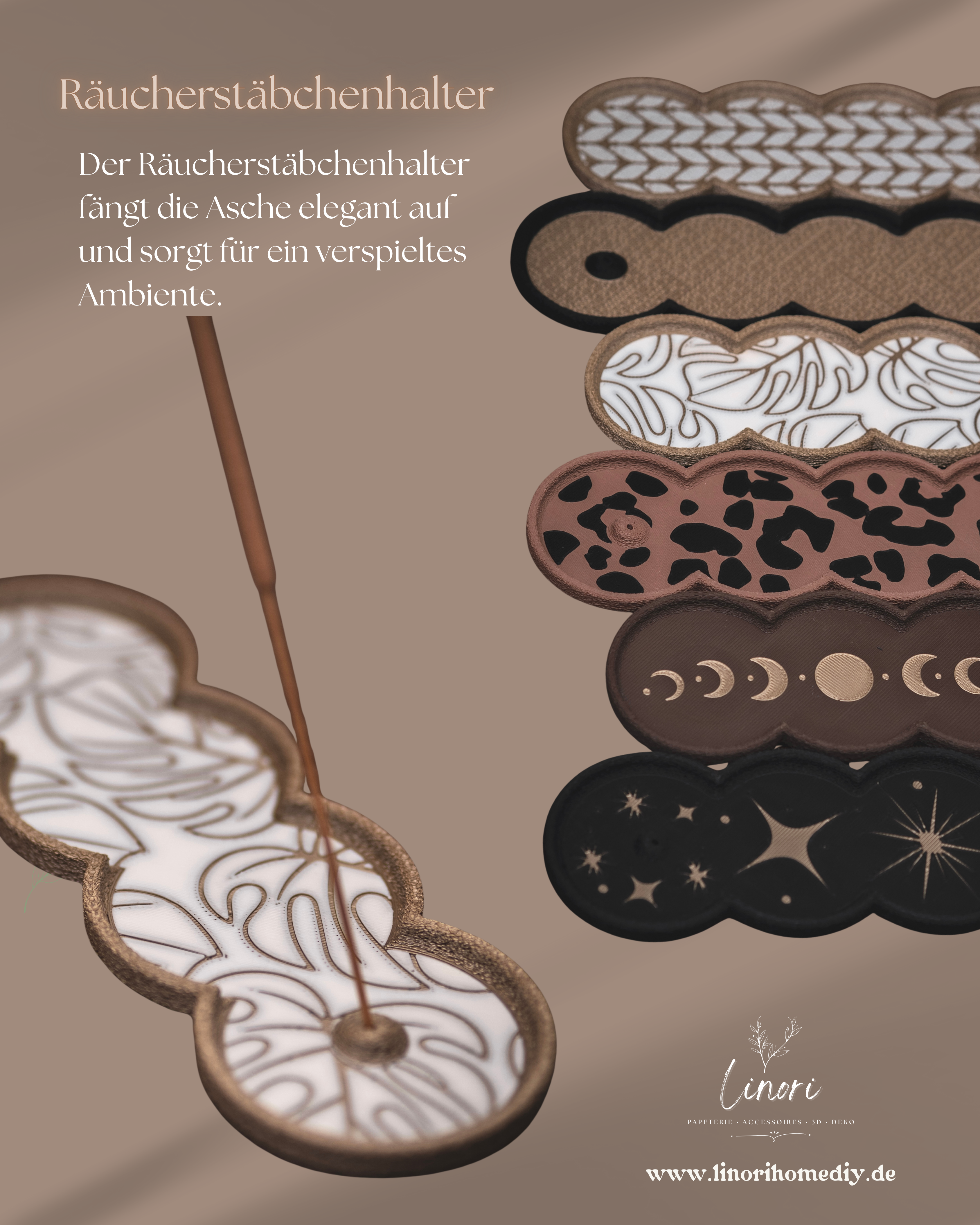 Räucherstäbchen Halter Mondphasen | 16 cm - verschiedene Farben | + 1 Gratis Räucherstäbchen