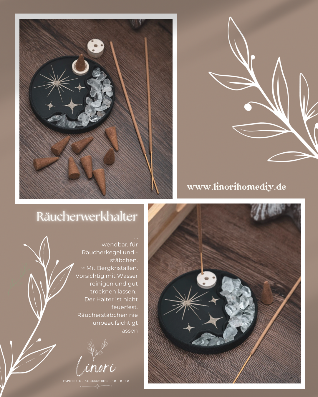 Räucherwerkhalter Set Leo | 10 cm - hellbraun schwarz mit Bergkristallen und Räucherkegeln | für Kegel & Stäbchen