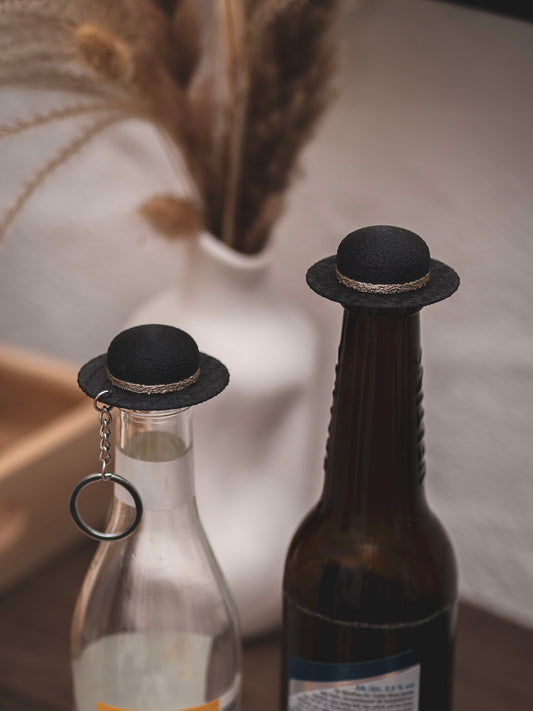 Flaschendeckel Sommerhut für Bier, Limo & kl. Sektflaschen | schwarz | auch als Schlüsselanhänger