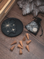 Räucherwerkhalter Set Sterne | 10 cm - schwarz iridiumgold mit Bergkristallen und Räucherkegeln | für Kegel & Stäbchen