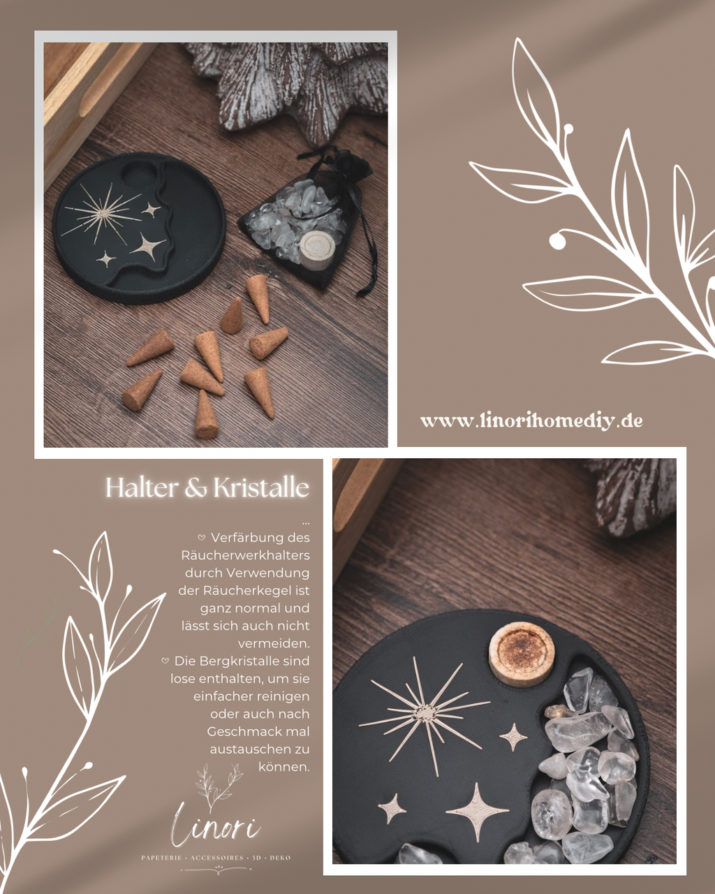 Räucherwerkhalter Set Monstera | 10 cm - iridiumgold weiß mit Bergkristallen und Räucherkegeln | für Kegel & Stäbchen